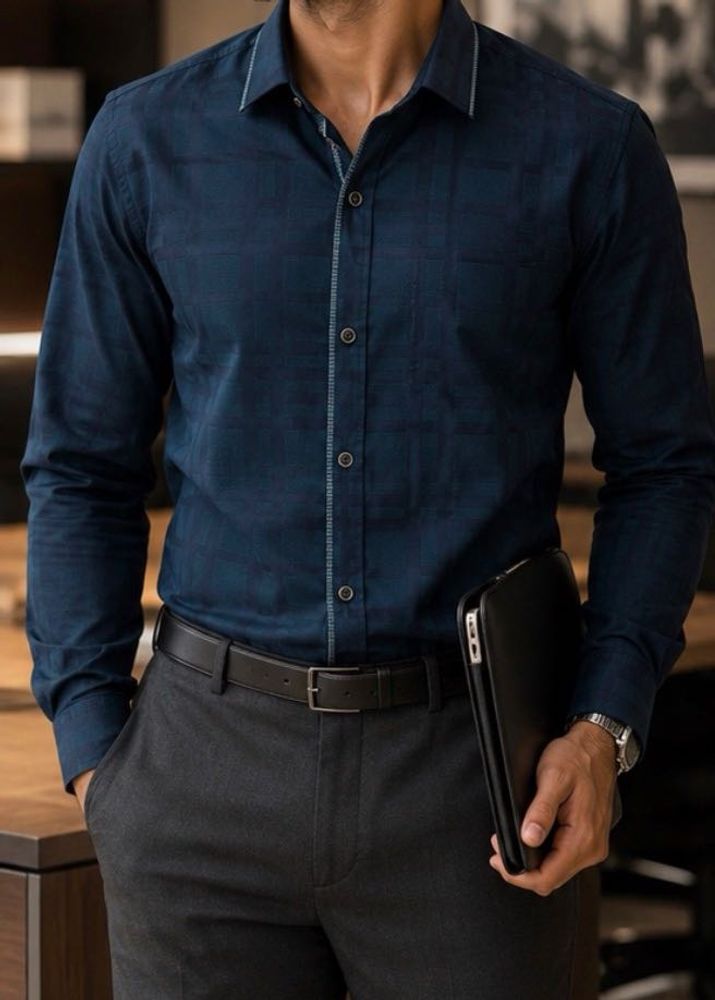 Men's Textured Navy Blue Shirt