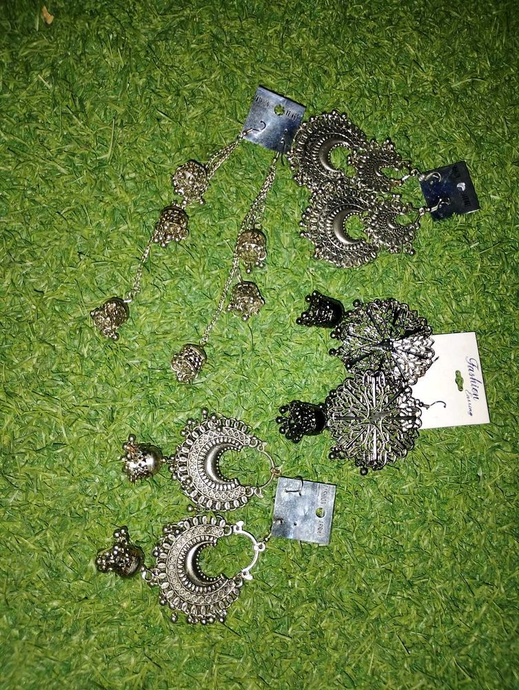Oxidized Silver Jhumka Earrings Set