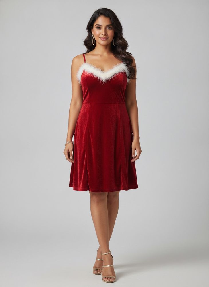 Red Velvet Fluffy Trimmed Dress