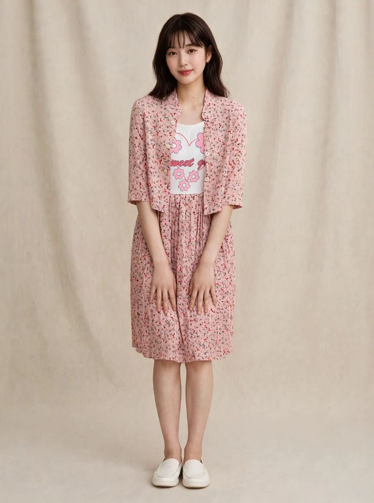 Floral Print  Korean Dress with Matching Jacket💗�