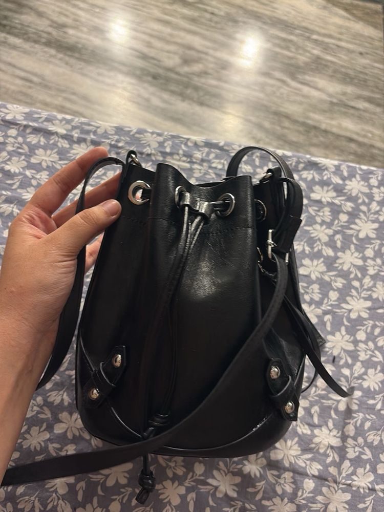Black Leather Bucket Bag