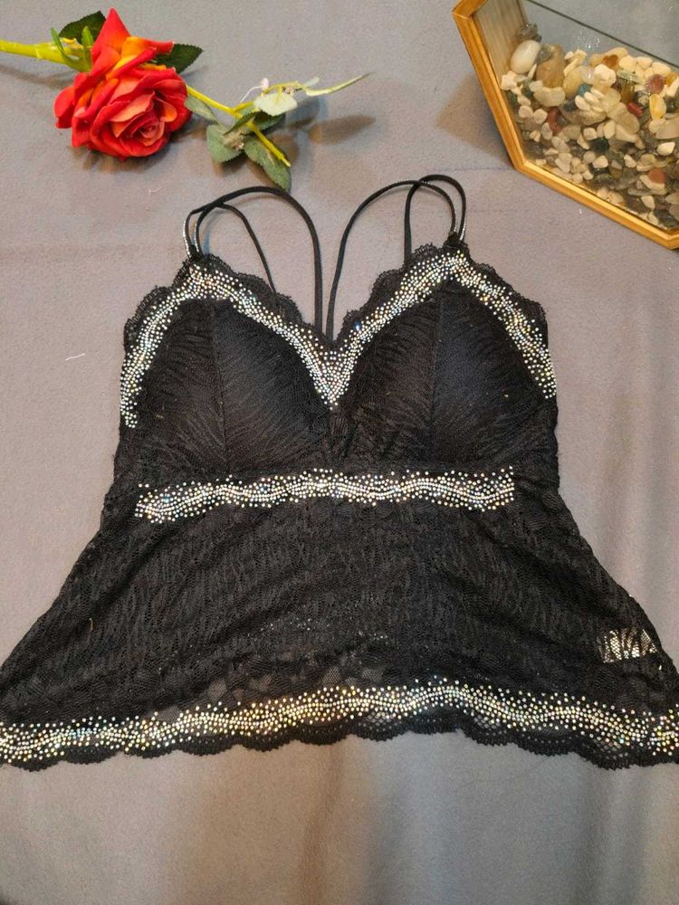 Black Lace Bralette with Rhinestone Embellishments