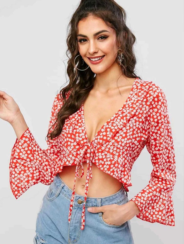 🌺Red Floral Wrap Top