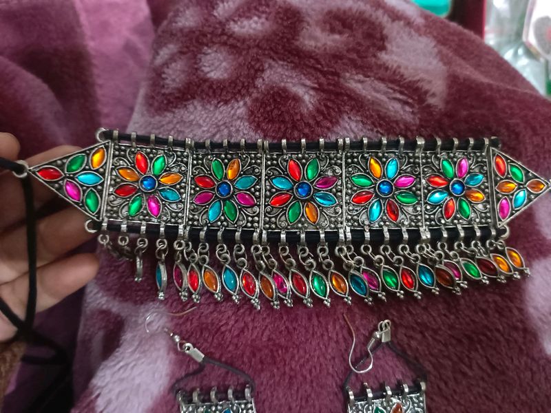 Oxidised Silver Multicolour Jwellery Set