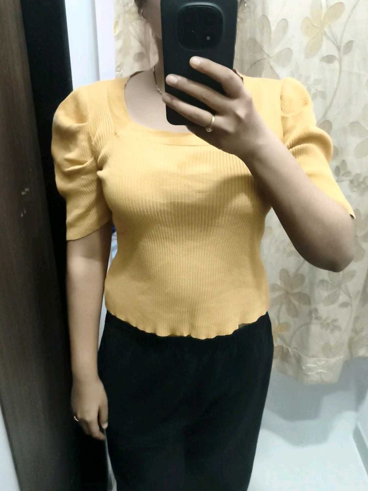 Yellow Puff Sleeve Knit Top