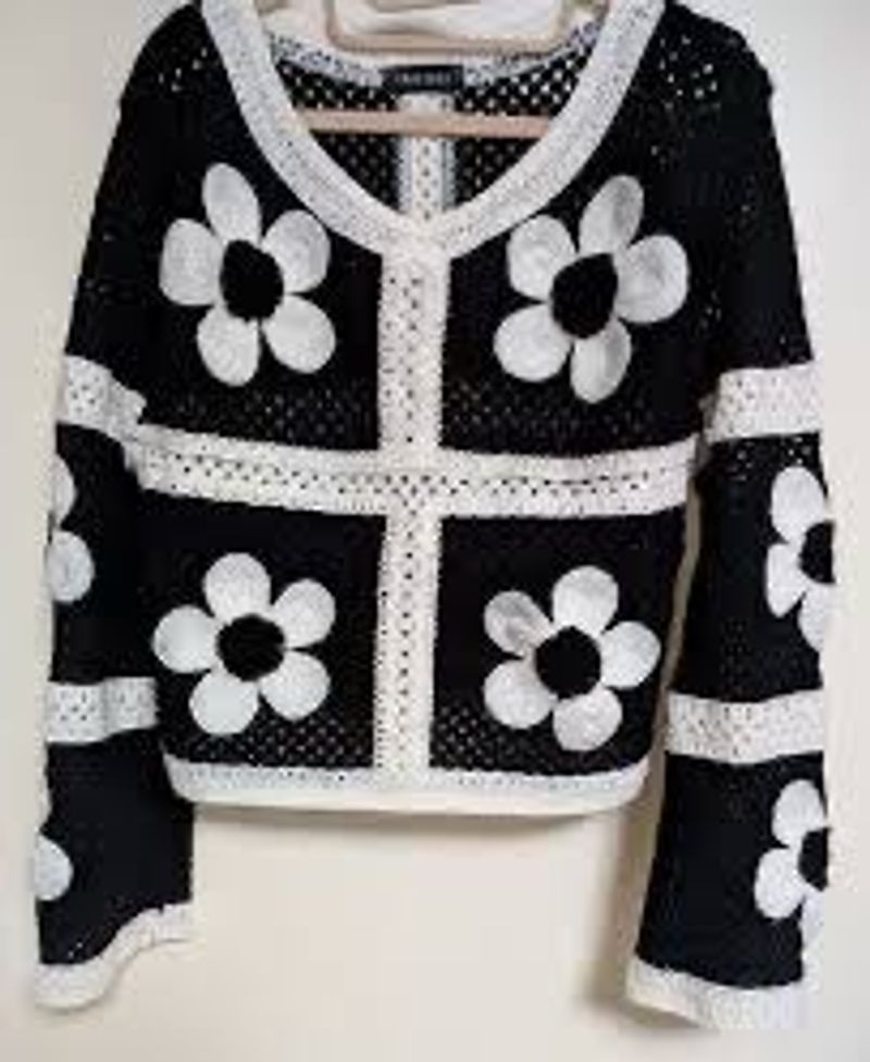 Black &amp; White Crochet Flower Cardigan