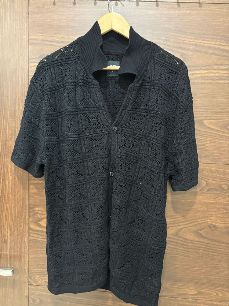 Black Crochet Button-Up Shirt