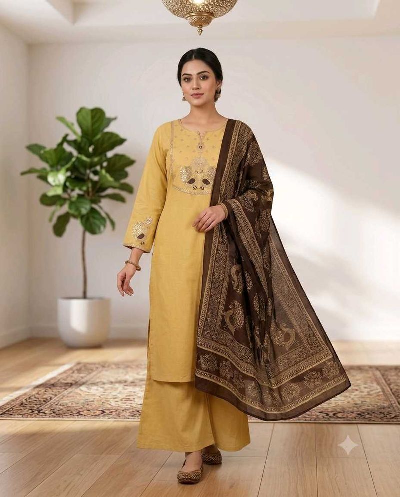 Yellow Kurta Set with Printed Dupatta