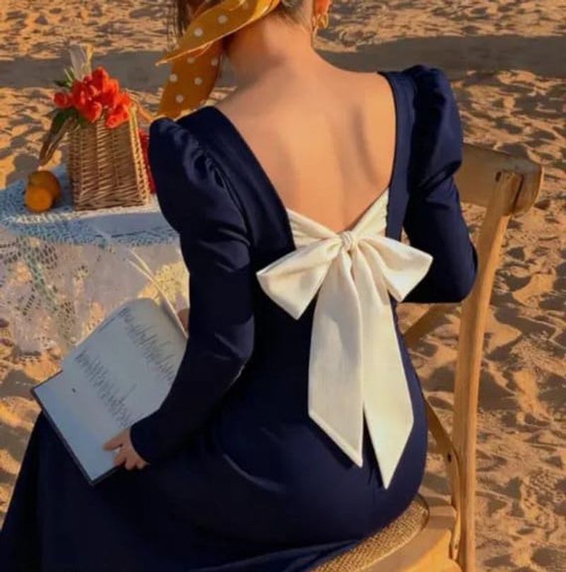Elegant Navy Dress with Bow Detail