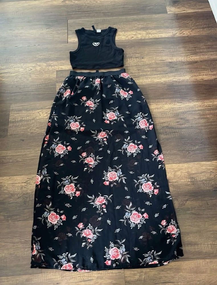 Black Floral Maxi Skirt &amp; Crop Top Set