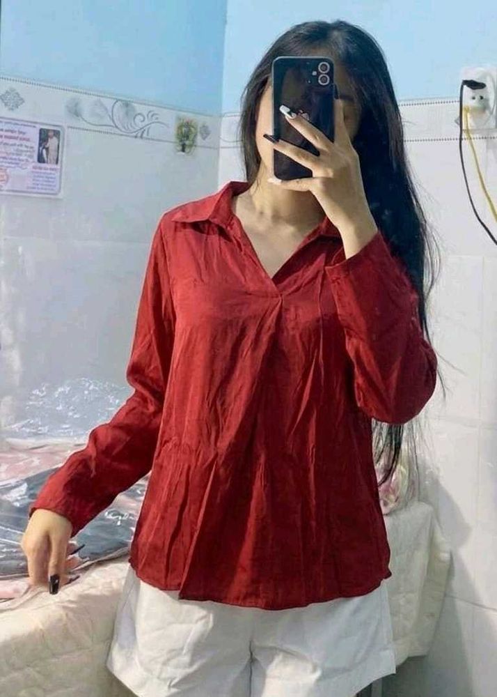 Stylish Red V-Neck Long Sleeve Top