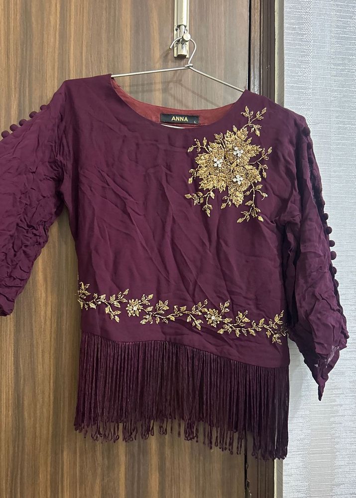 Embroidered Kurta with Fringe Hem