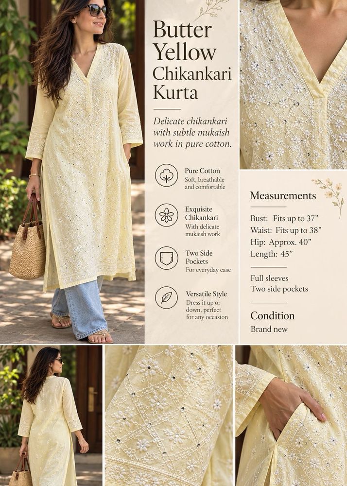 Butter Yellow Cotton Chikankari Kurta with Mukaish