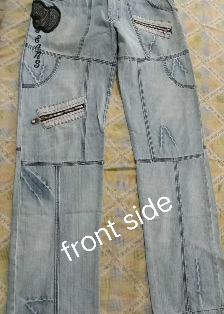 Light Wash Patchwork Jeans with Zippers