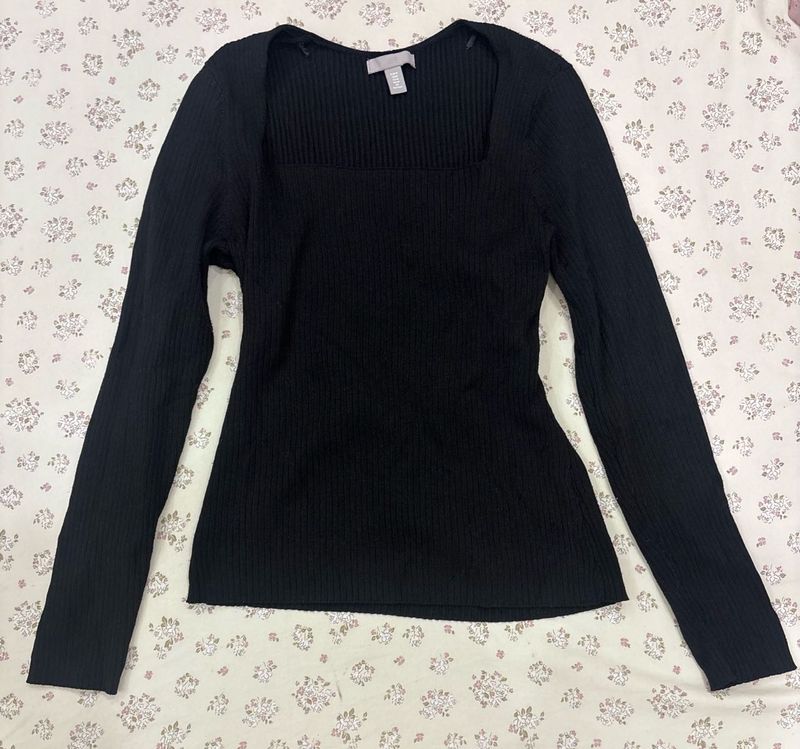 Black Ribbed Square Neck Top