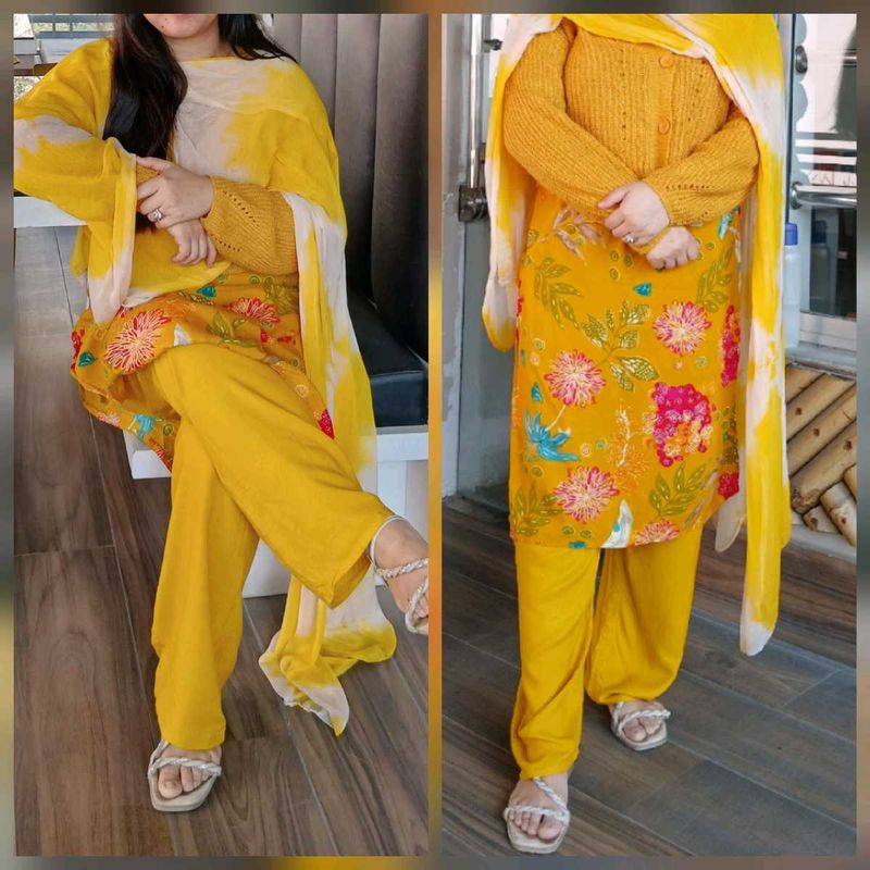 Yellow Floral Kurta Set with Dupatta