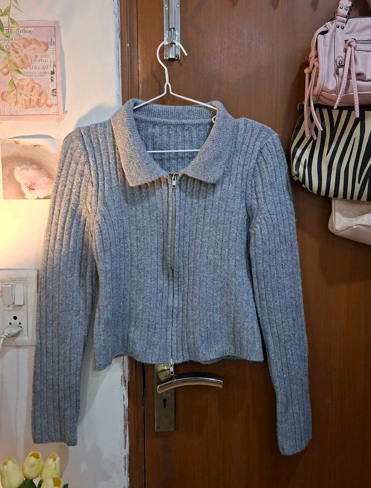 Gray Zip-Up Knit Sweater