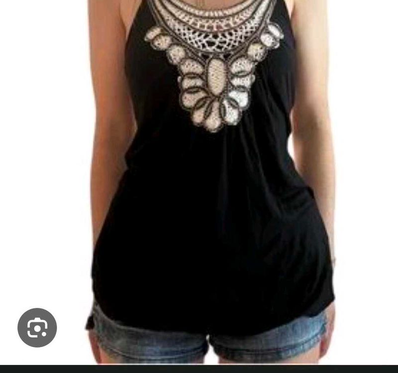 Black Tank Top Crochet Neck Detail&amp; shorts