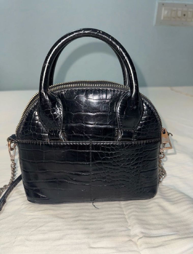 Chic Black Croc Effect Dome Bag