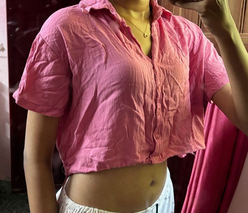 Pink Cropped Collared Shirt