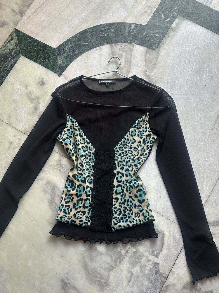 Y2K Leopard Print Lace detail Top