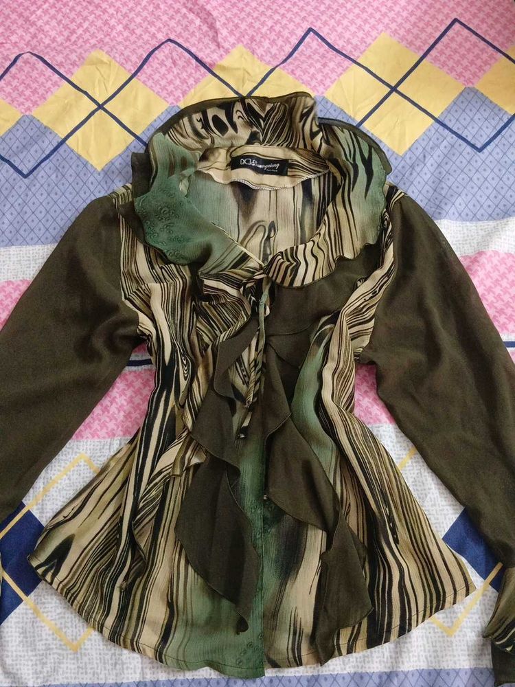 ruffle green button up shirt