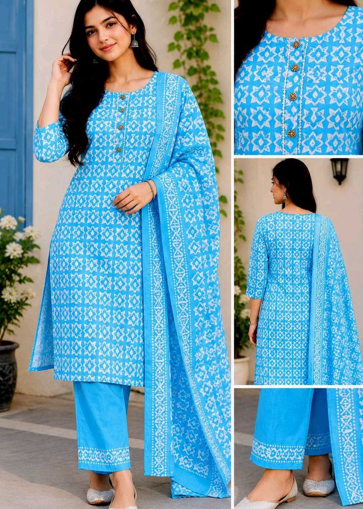 Blue Printed Cotton Kurta Set with Dupatta