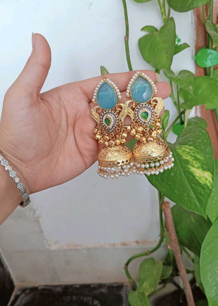 Stunning Teal Blue Jhumka Kashmiri Earrings