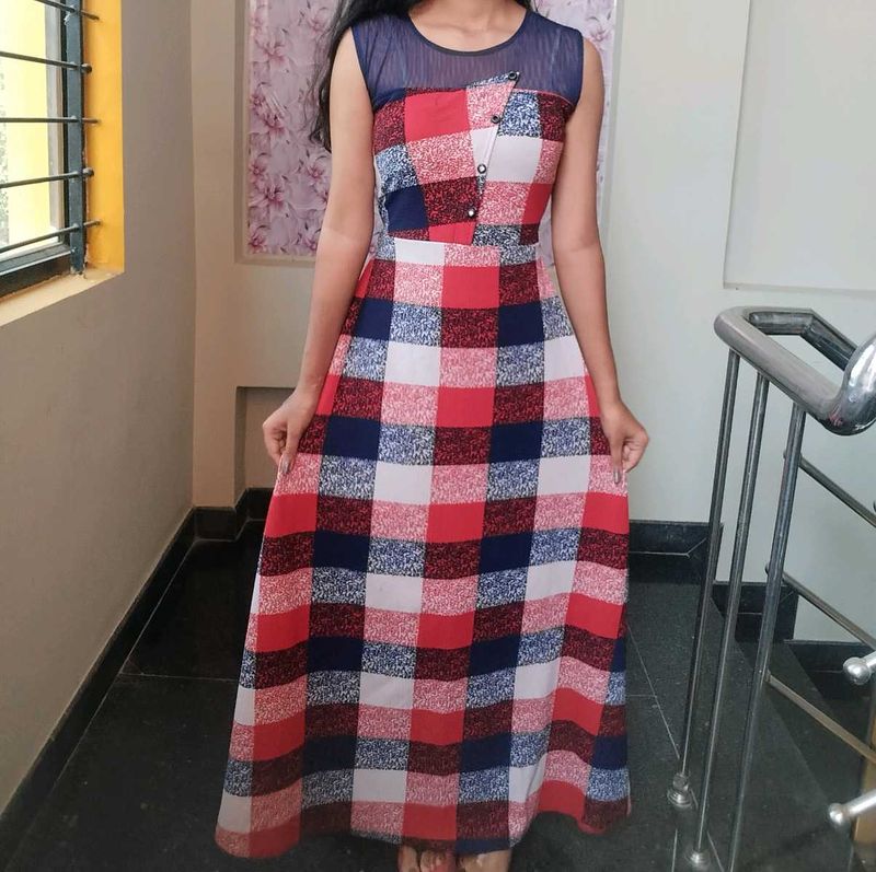 Chic Red, White &amp; Blue Plaid Maxi Dress