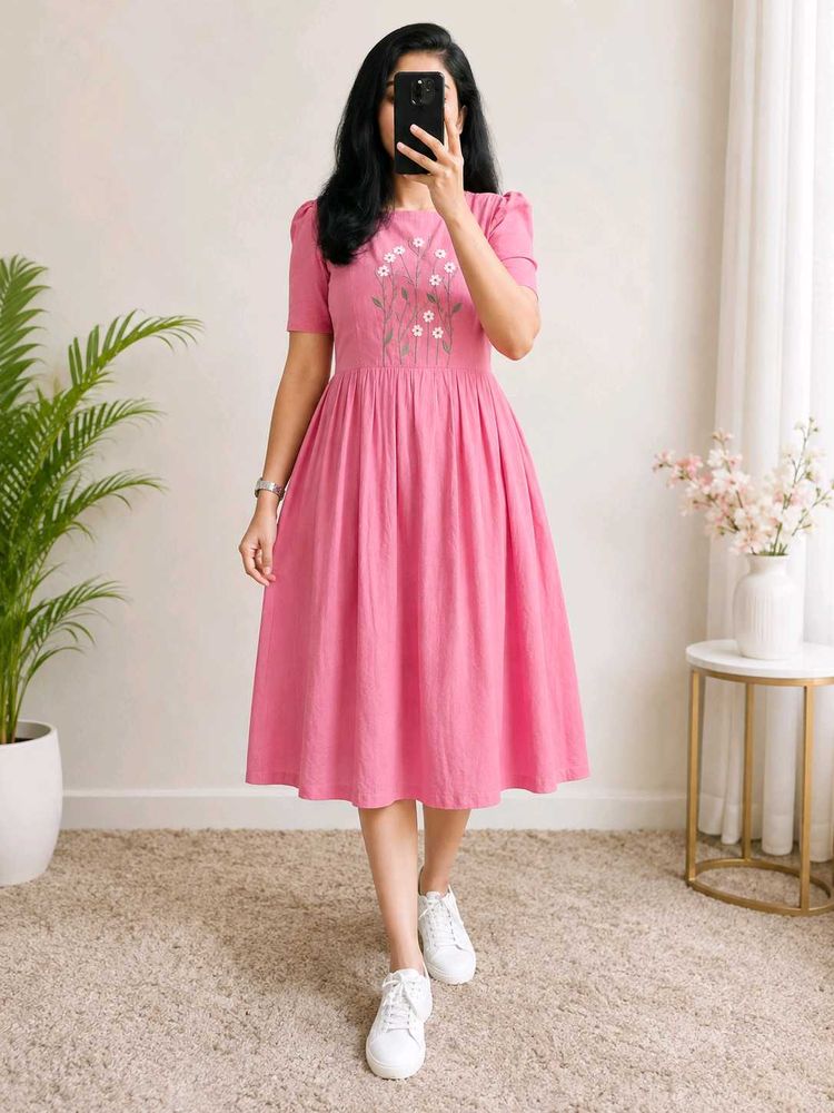 Charming Pink Embroidered Midi Dress_XL