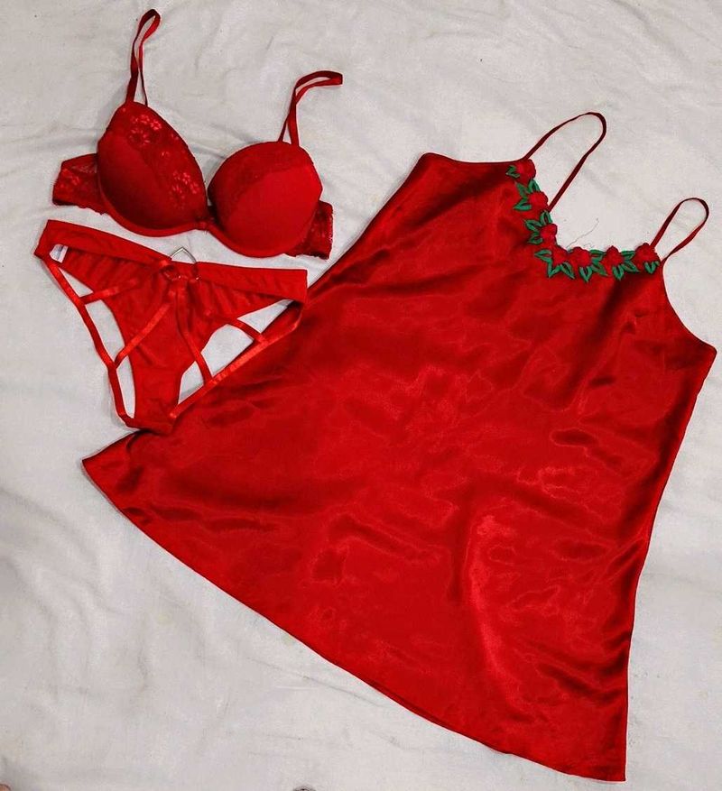 beautiful satin red lingerie set 👍