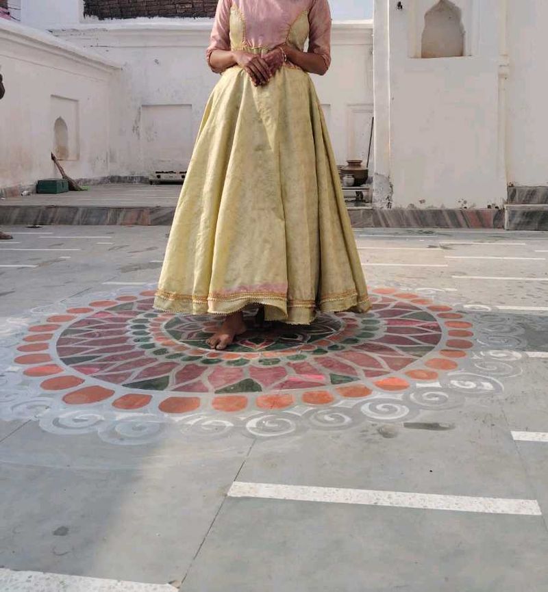 Elegant Pink &amp; Gold Anarkali Dress