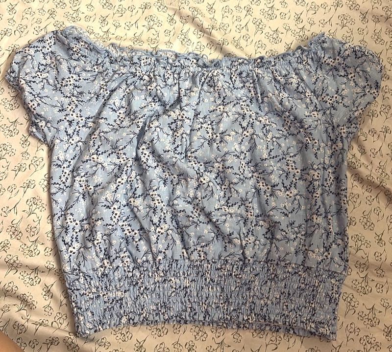 Blue Floral Off-Shoulder Smocked Top