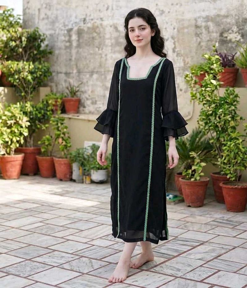 Elegant Black Kurta with Green Trim