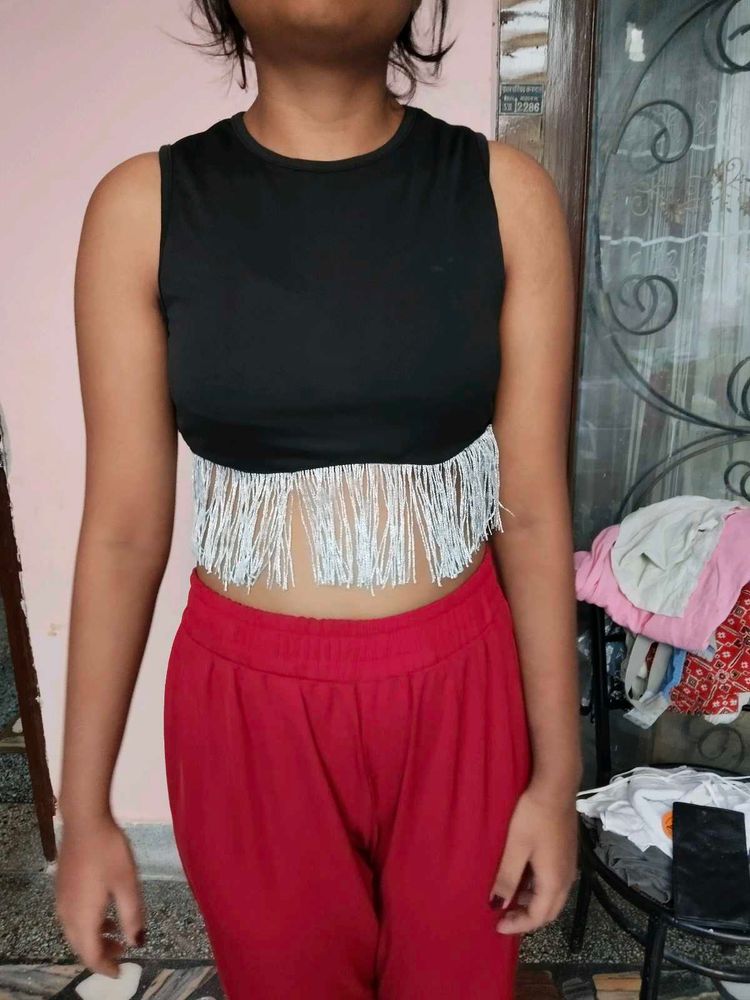 Black Fringe Crop Top