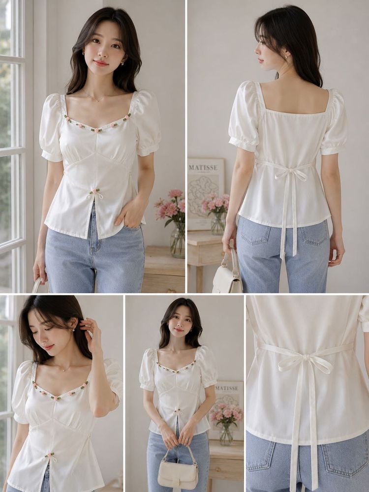 Chic White Puff Sleeve top,front slit
