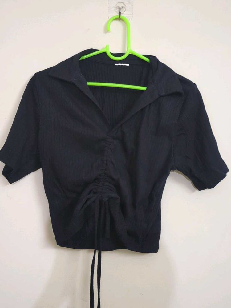 Chic Black Ruched Drawstring Top