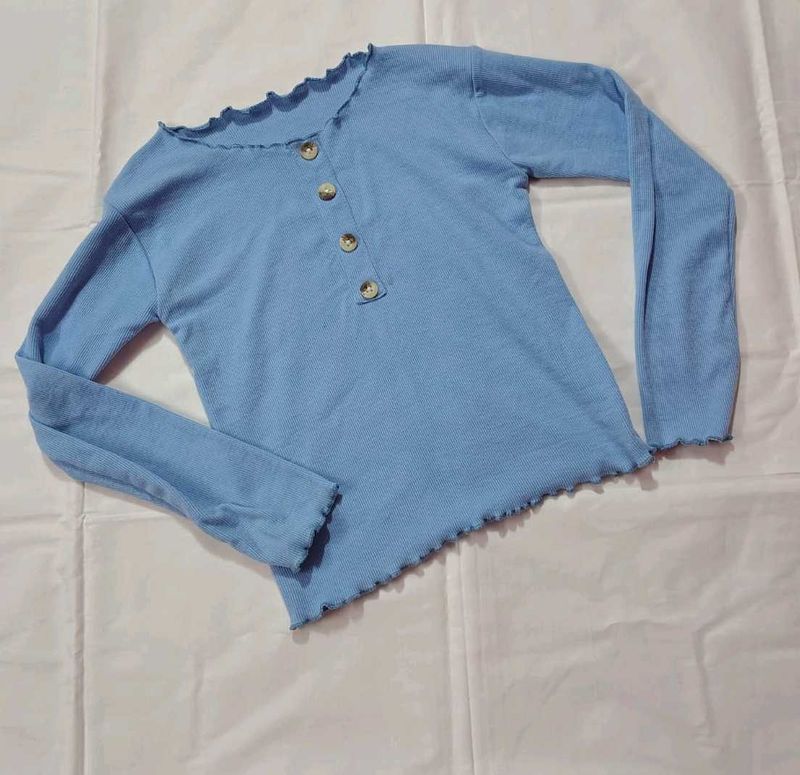 Cute Blue Ribbed Henley Top
