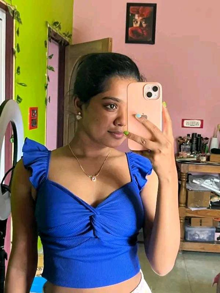 Blue Ribbed Twist Front Crop Top