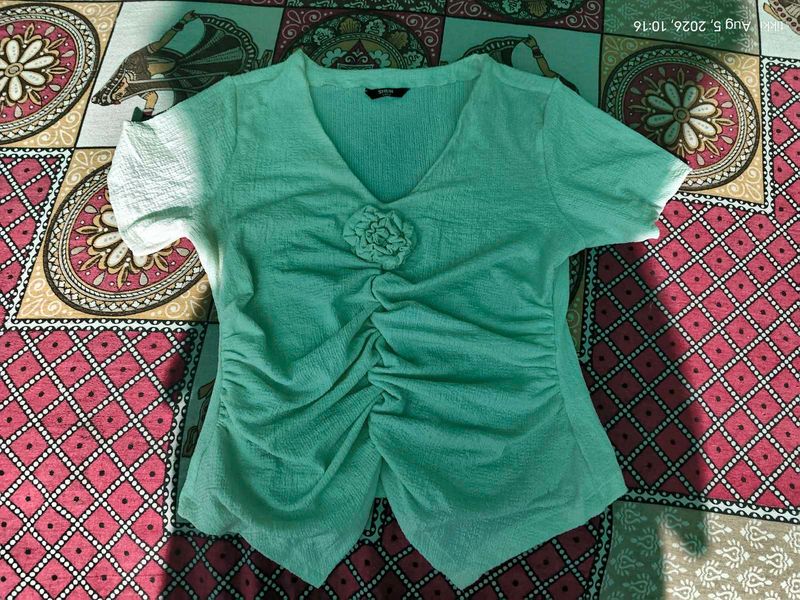 off white  Ruched Blouse with Floral Accent