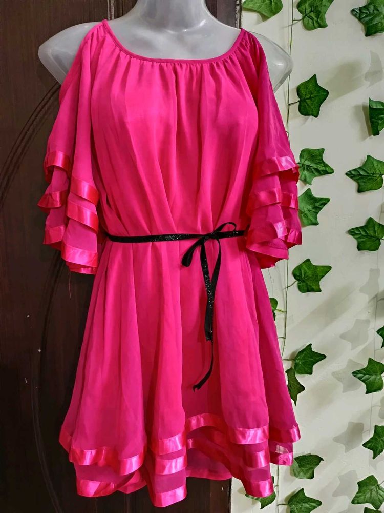 Vibrant Pink Cold Shoulder Dress