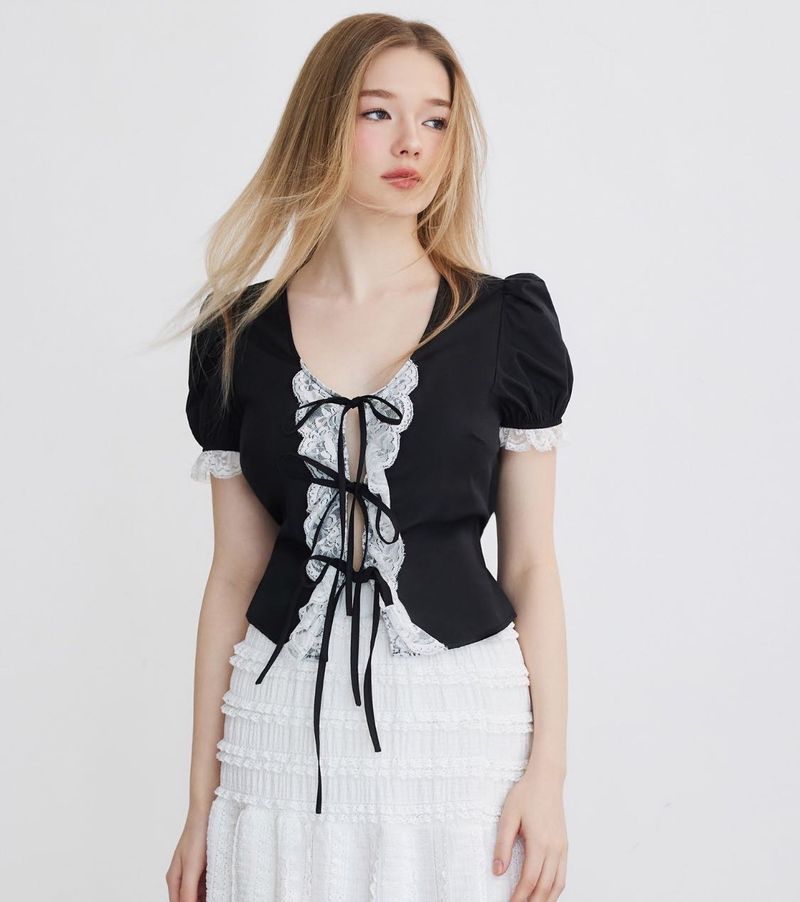 Chic Black Lace-Up Puff Sleeve Top