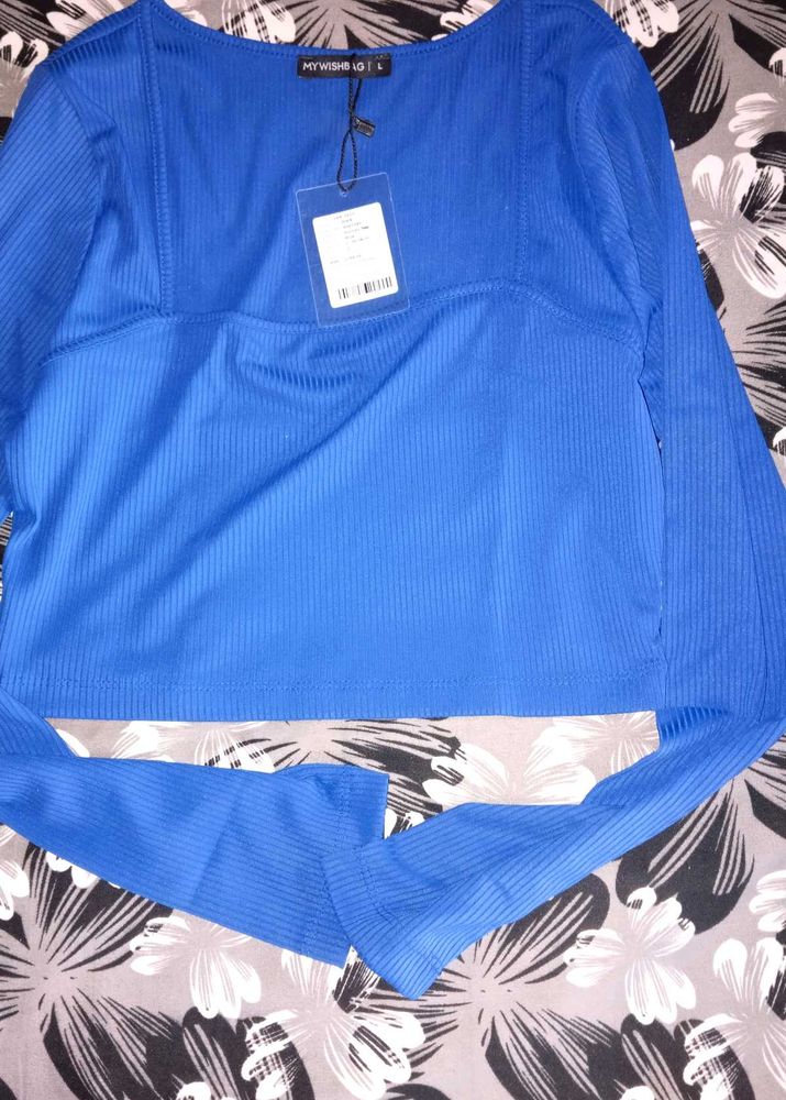 Ribbed Blue Long Sleeve Crop Top