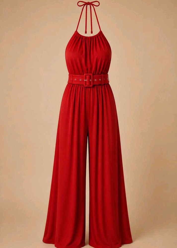 Stunning Red Halter Wide-Leg Jumpsuit