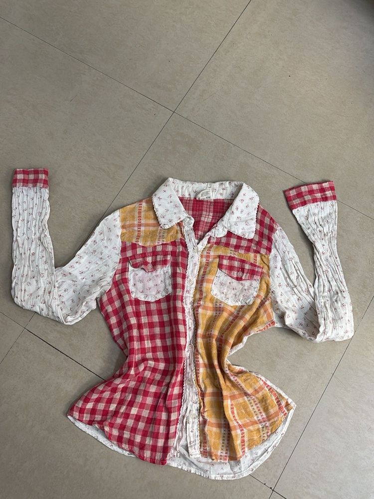 Patchwork Plaid Button-Up Shirt