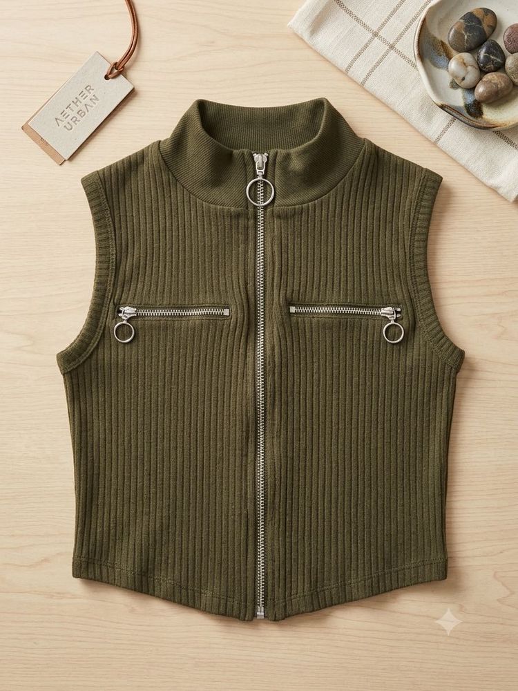 Ribbed Zip-Up Sleeveless Vest Top