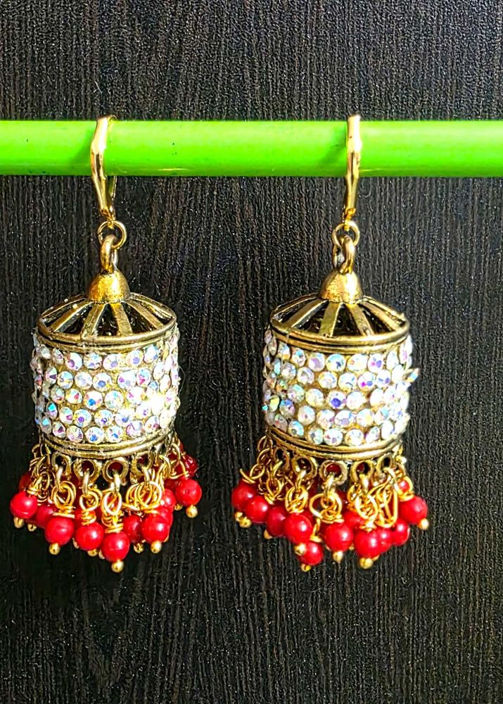 Designer Jhumka Earrings with Red Beads