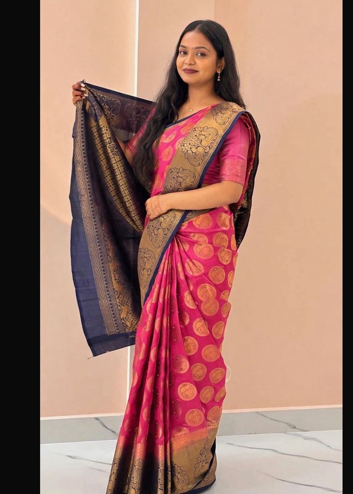 Vibrant Pink Silk Saree with Gold Peacock Motifs