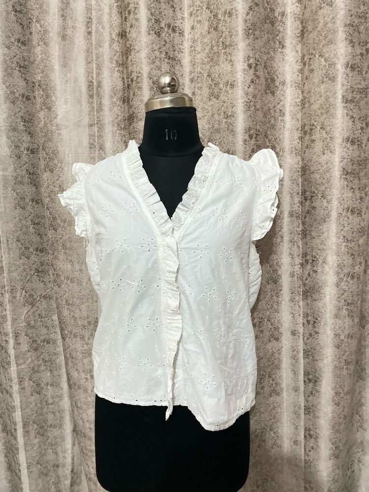 Chic White Eyelet Flutter Sleeve Top