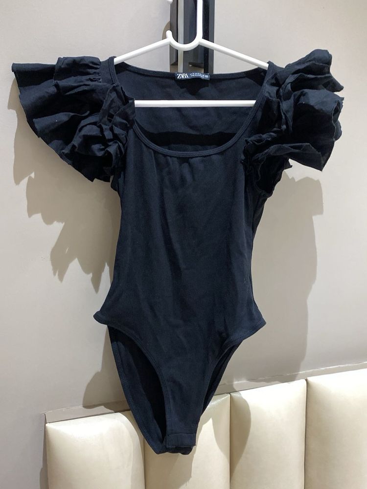 Zara Black Bodysuit with Ruffle Sleeves